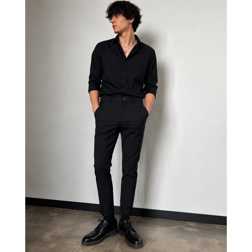 PLAID & PLAIN Men’s Stretch Dress Pants Skinny, Black, 30W X 28L Career Goth
